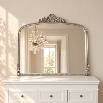 Antique Silver Ornate Arch Overmantle Mirror - 100cm x 88cm