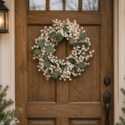  Large Green & White Berry & Eucalyptus Christmas Wreath Decoration 