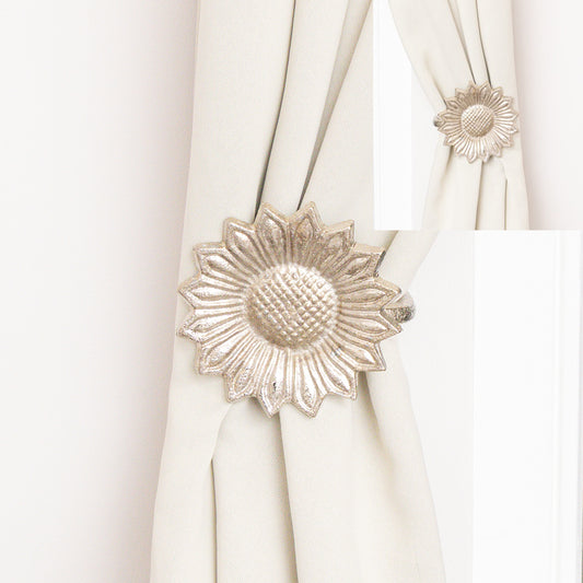  Set of 2 Silver Metal Sunflower Wall Mounted Tie Backs 