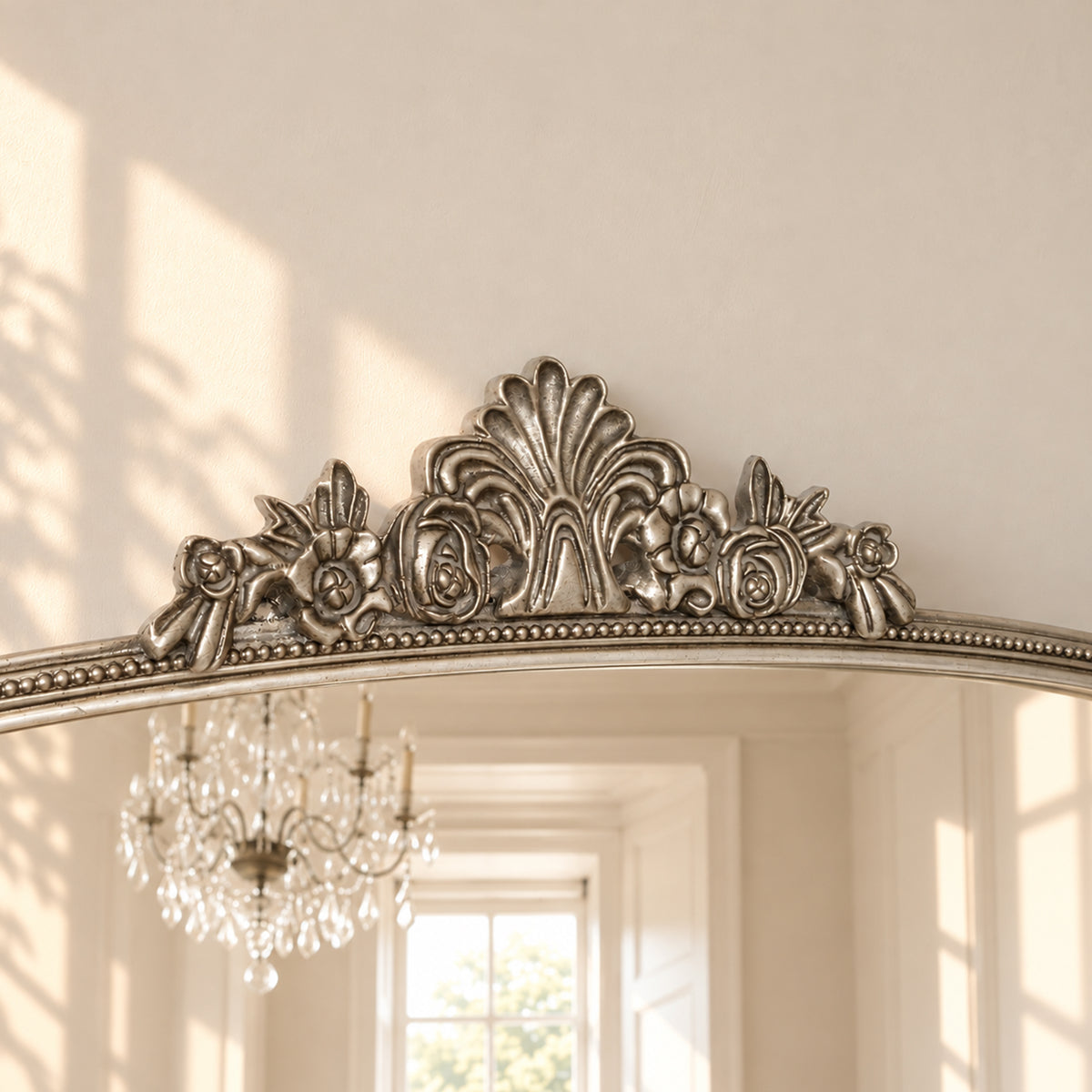 Antique Silver Ornate Arch Overmantle Mirror - 100cm x 88cm