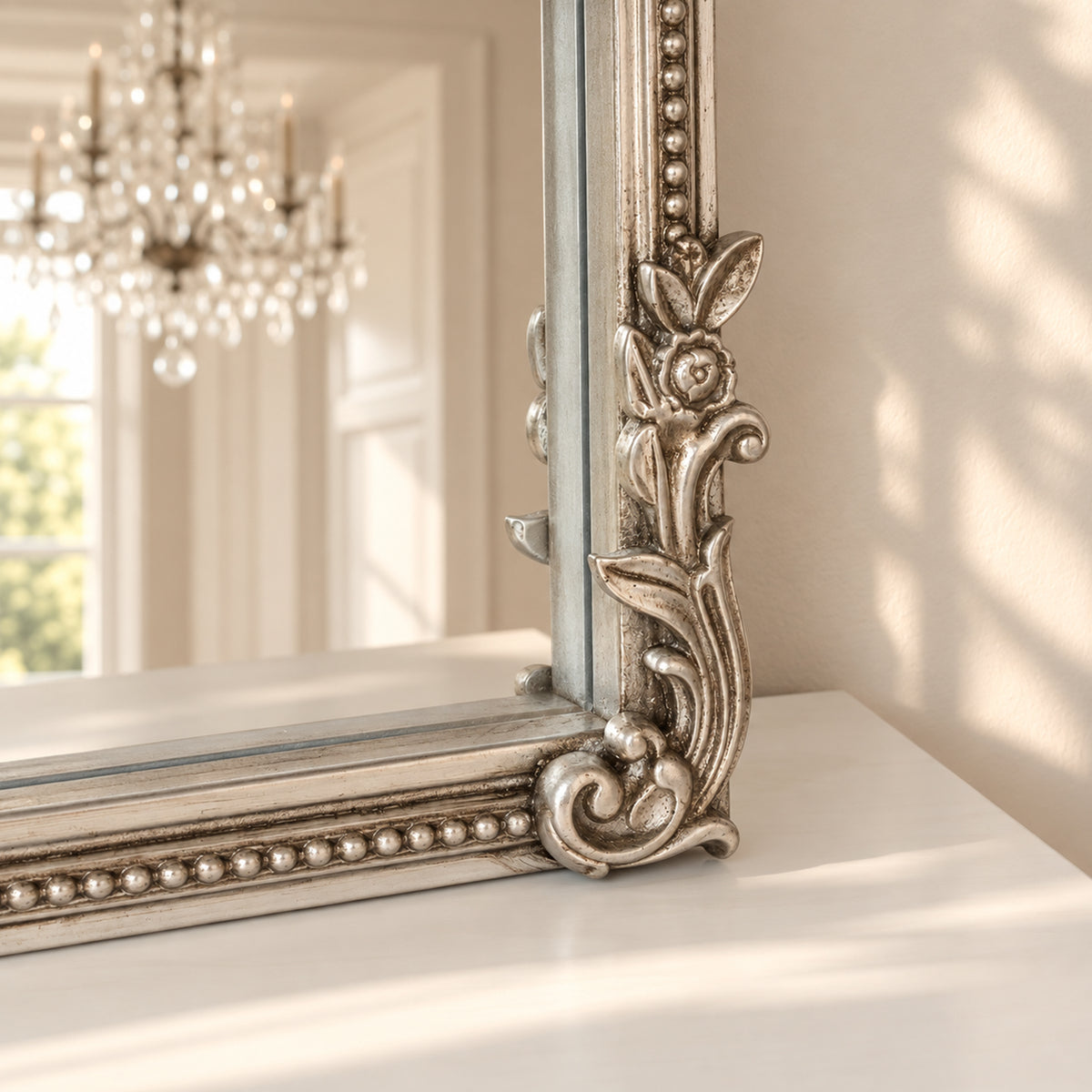 Antique Silver Ornate Arch Overmantle Mirror - 100cm x 88cm