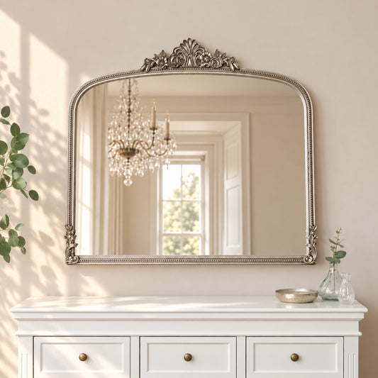  Antique Silver Ornate Arch Overmantle Mirror - 100cm x 88cm 
