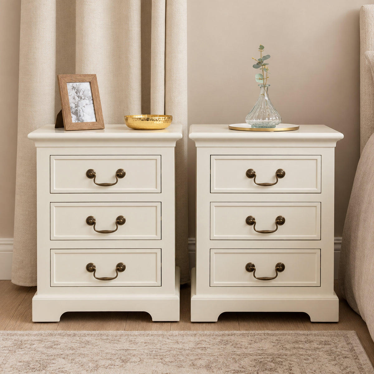 Pair of Ivory 3 Drawer Bedside Tables - Charlotte Ivory Range