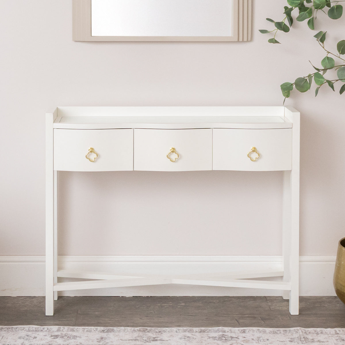 White Painted Curved 3 Drawer Console Table with Glass Top - Austin White Range