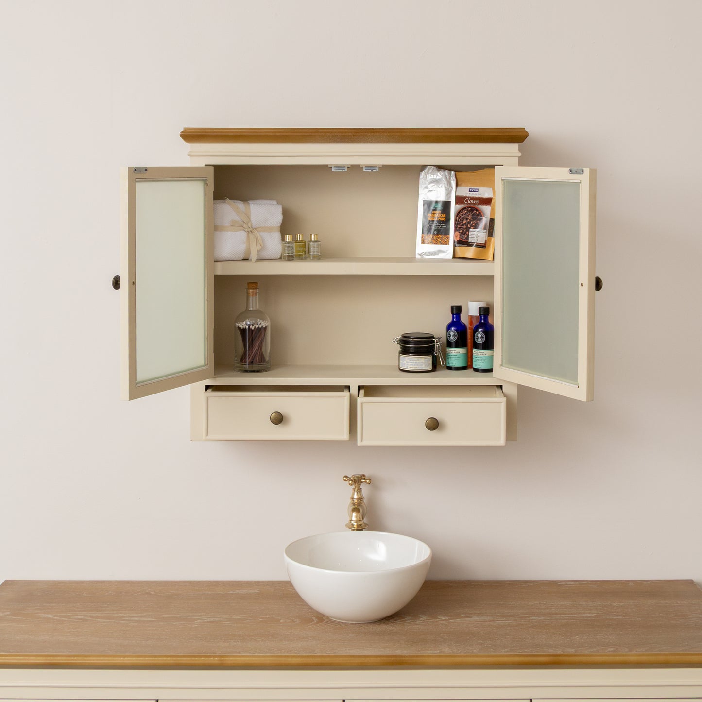 Cream & Wooden Wall Cabinet with Drawers - Claudia Range