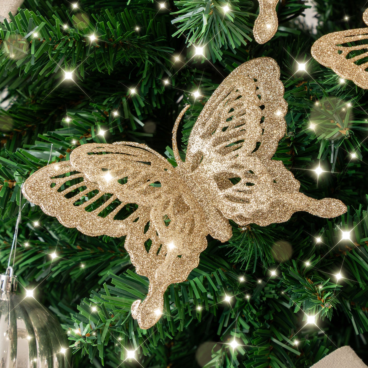 Set of 4 Champagne Gold Glitter Butterfly Christmas Decoration Clips
