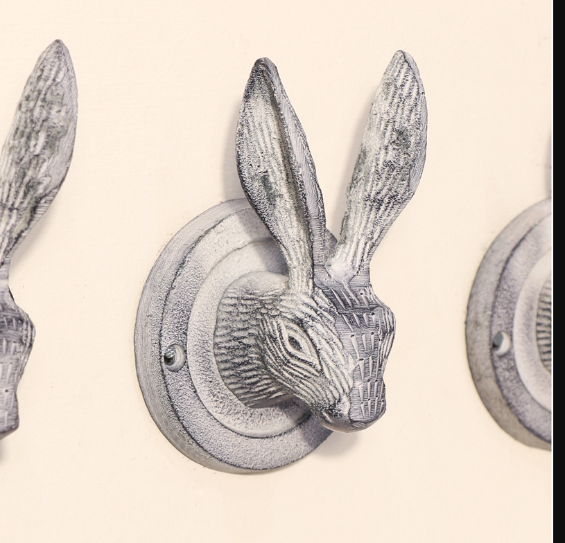 Set of 3 Grey Hare Head Coat Hooks