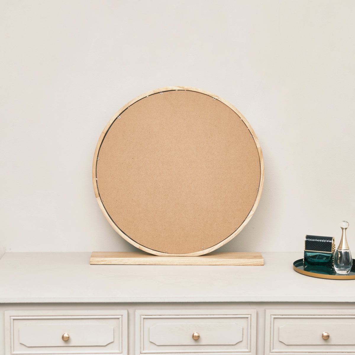 Round Wooden Freestanding Table Top Mirror