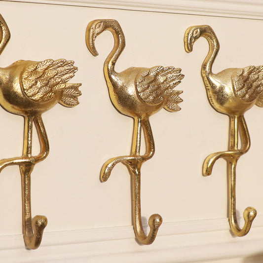  Set of 3 Gold Flamingo Wall Hooks 