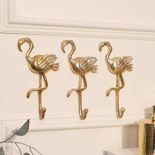  Set of 3 Gold Flamingo Wall Hooks 