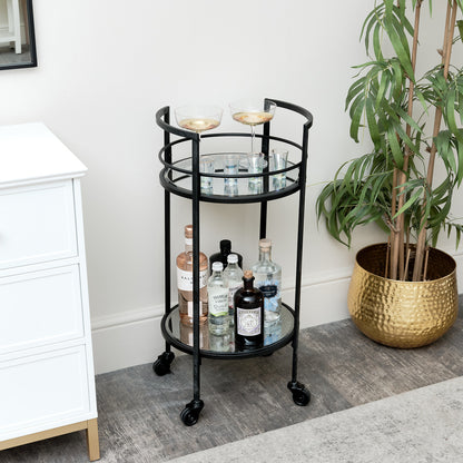 Round Black Antique Mirrored Glass Drinks Trolley