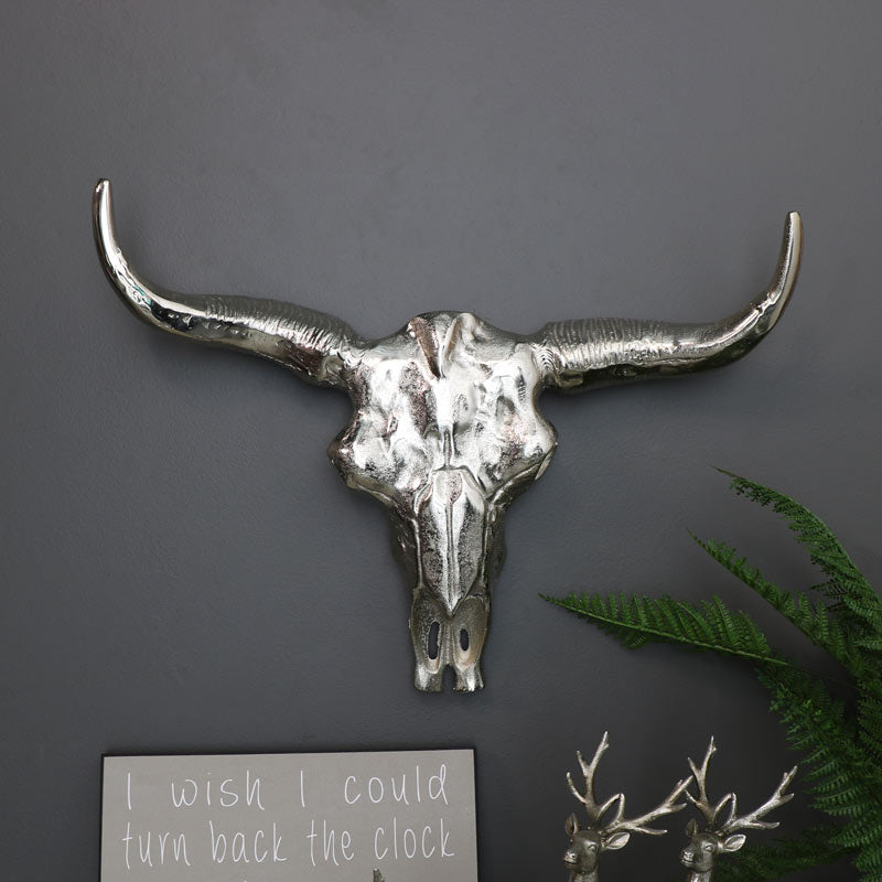 Silver Metal Wall Mounted Buffalo Skull