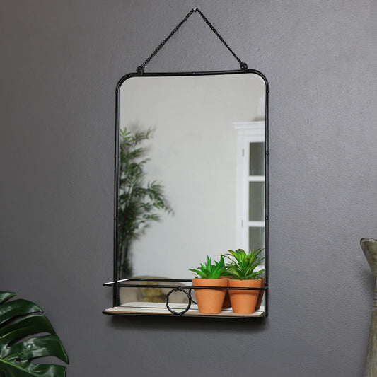  Black Metal Industrial Vanity Wall Mirror with Shelf 32cm x 50cm 