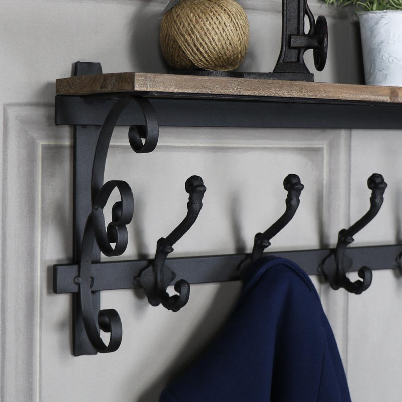 Ornate Wooden Wall Shelf with Coat Hooks