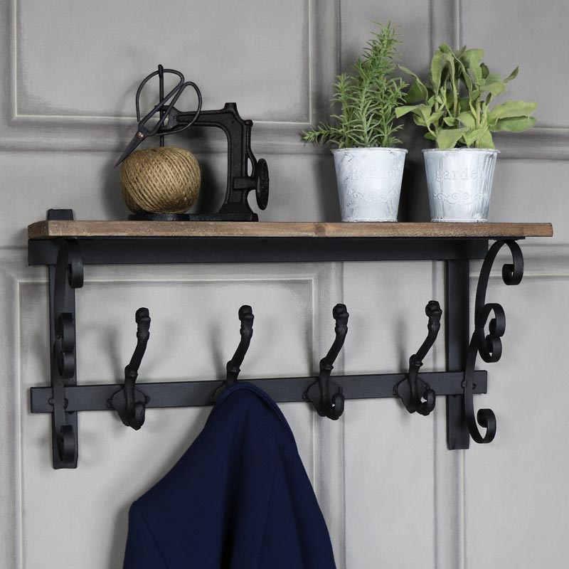 Ornate Wooden Wall Shelf with Coat Hooks