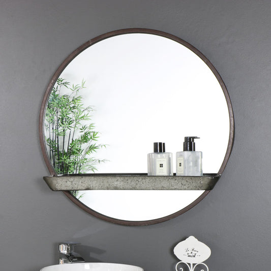  Rustic Industrial Round Mirror with Shelf 60cm x 60cm 