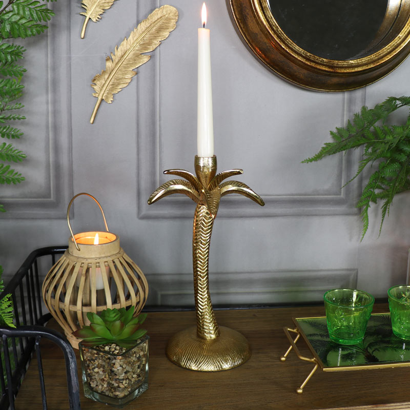 Gold Metal Palm Tree Candlestick