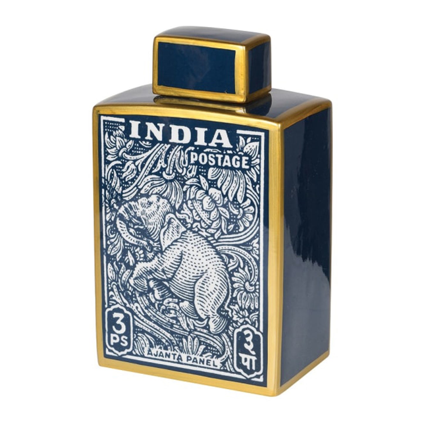 Blue Porcelain Elephant Postage Stamp Jar