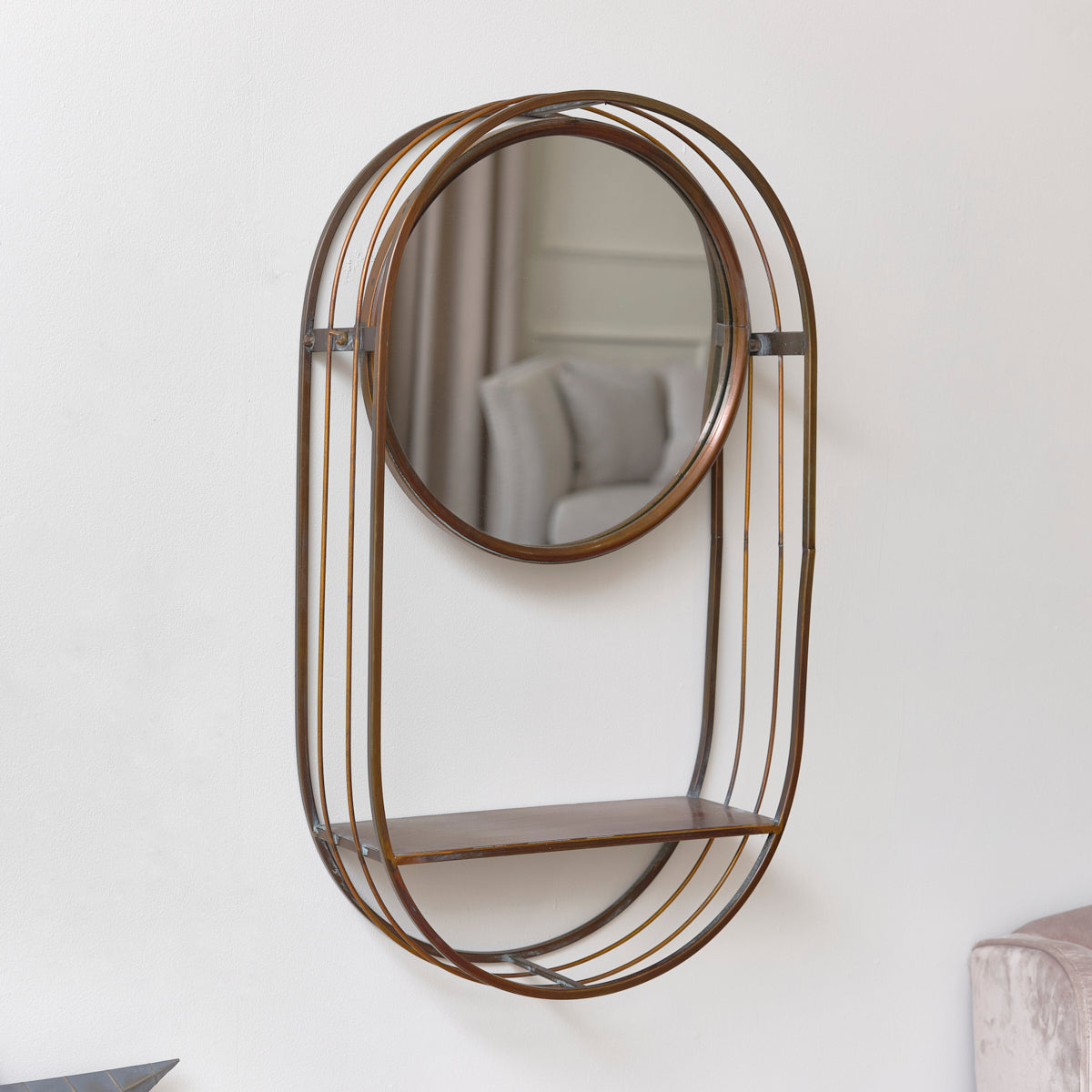 Industrial Round Wall Mirror with Shelf