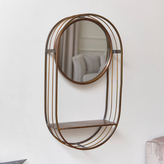  Industrial Round Wall Mirror with Shelf 