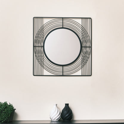 Black Wire Square Framed Round Wall Mirror 35cm x 35cm