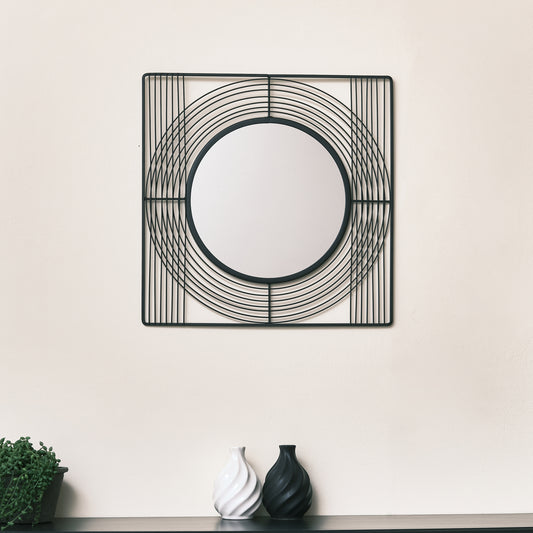  Black Wire Square Framed Round Wall Mirror 35cm x 35cm 
