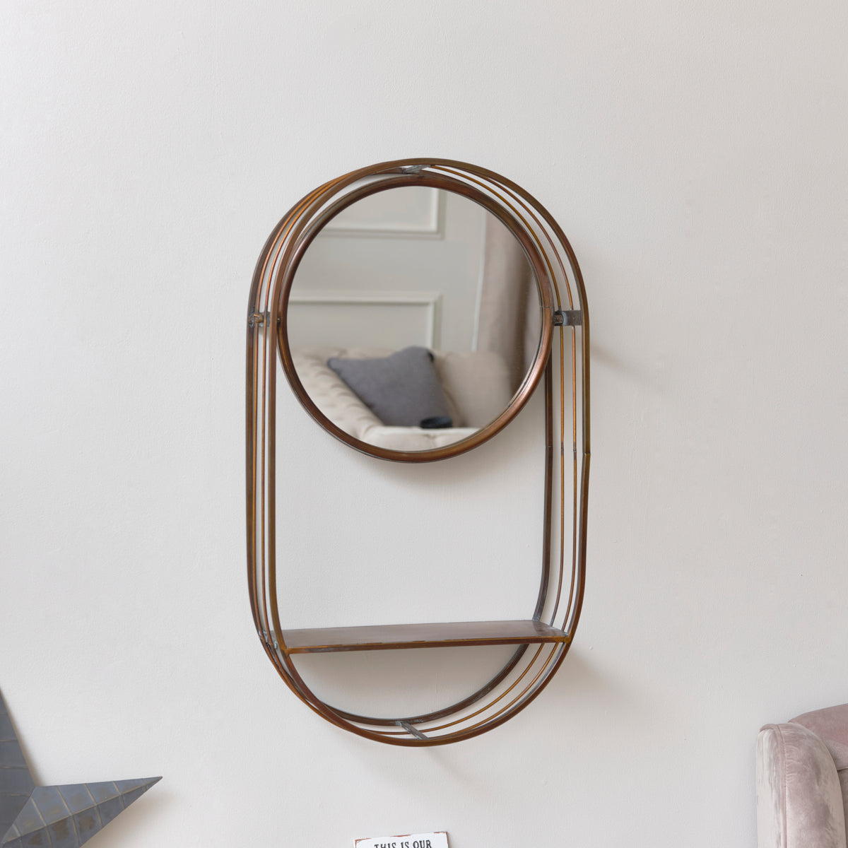 Industrial Round Wall Mirror with Shelf