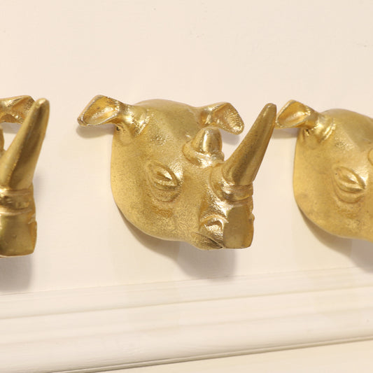  Set of 3 Gold Rhino Wall Hooks 