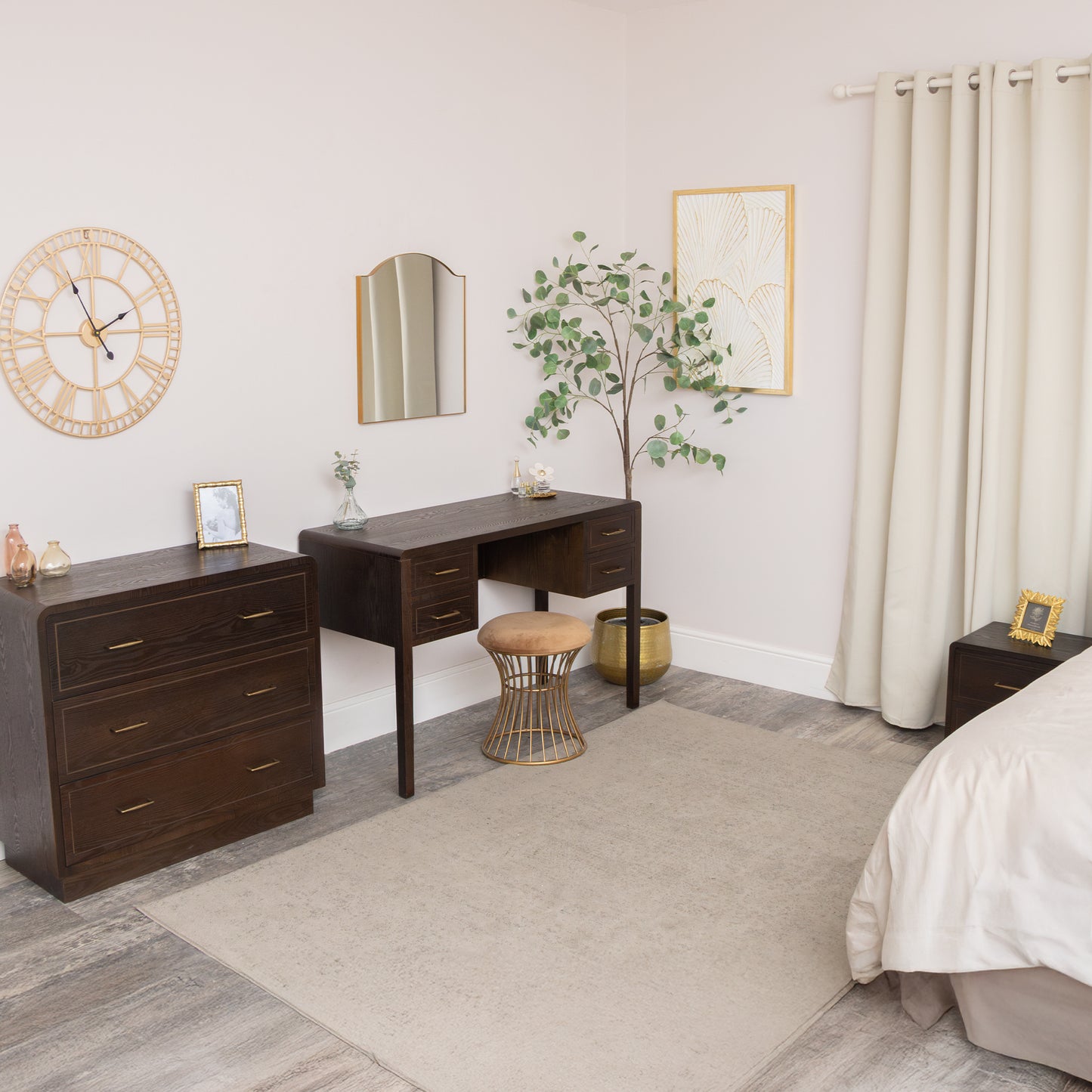 Dark Wood 4 Drawer Dressing Table & Pair of Bedside Tables - Kingsley Range
