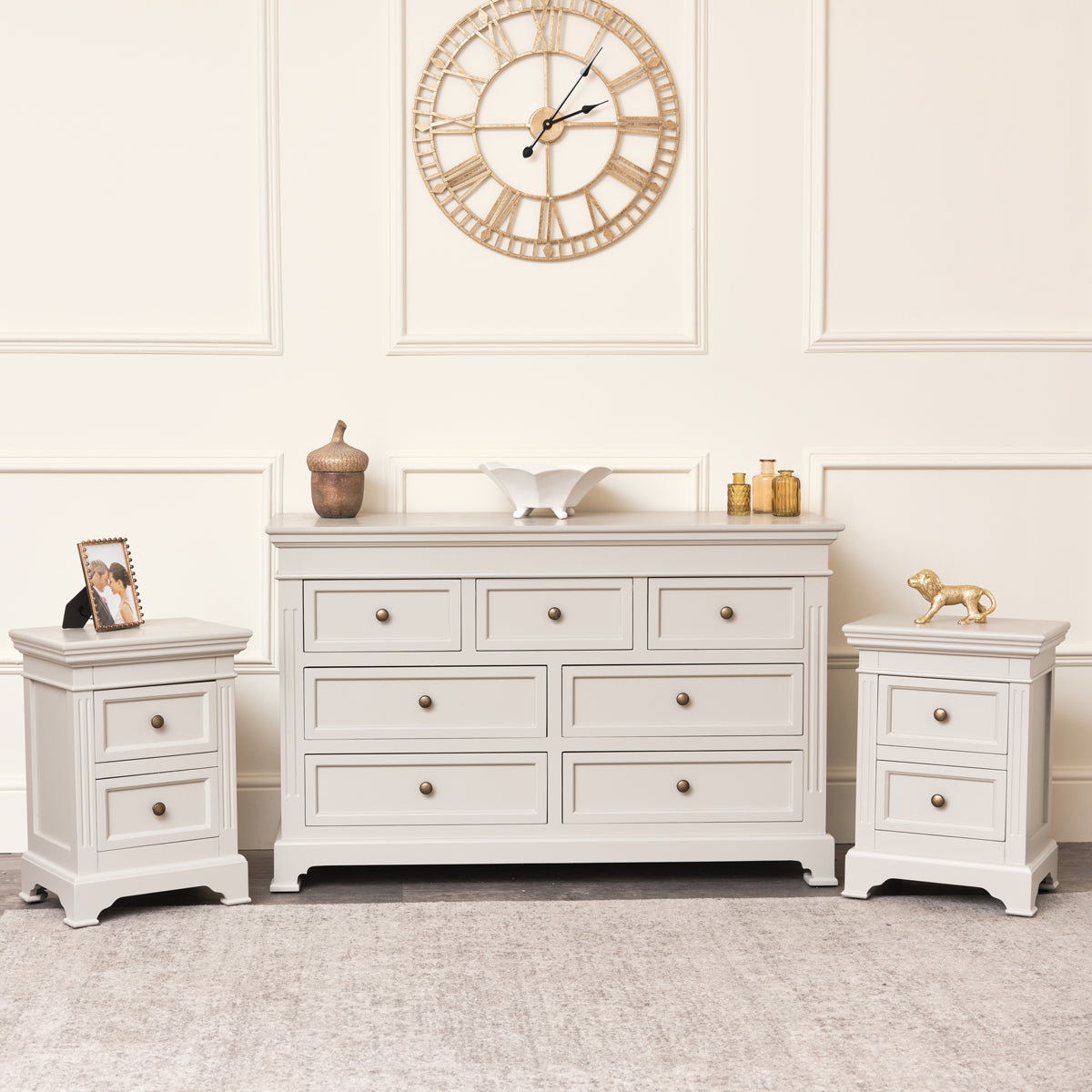 Large Taupe-Grey 7 Drawer Chest of Drawers & Pair of Bedside Tables - Daventry Taupe-Grey Range