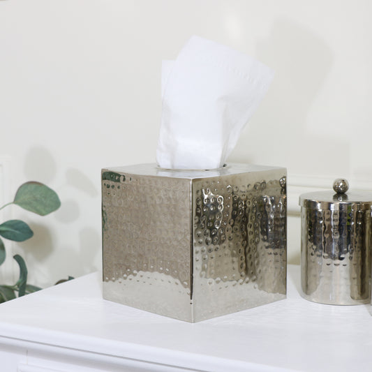  Hammered Silver Metal Tissue Box 