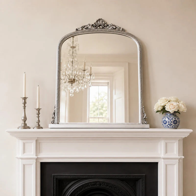 Antique Silver Ornate Arch Overmantle Mirror - 88cm x 100cm