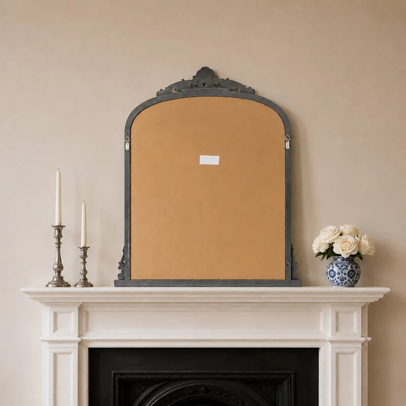 Antique Silver Ornate Arch Overmantle Mirror - 88cm x 100cm