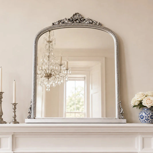  Antique Silver Ornate Arch Overmantle Mirror - 88cm x 100cm 
