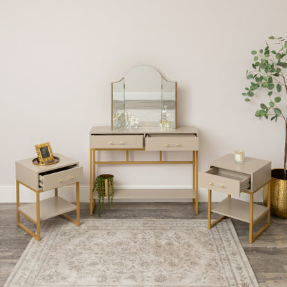 Two Drawer Dressing Table & Pair of One Drawer Bedside Tables - Liana Taupe Range