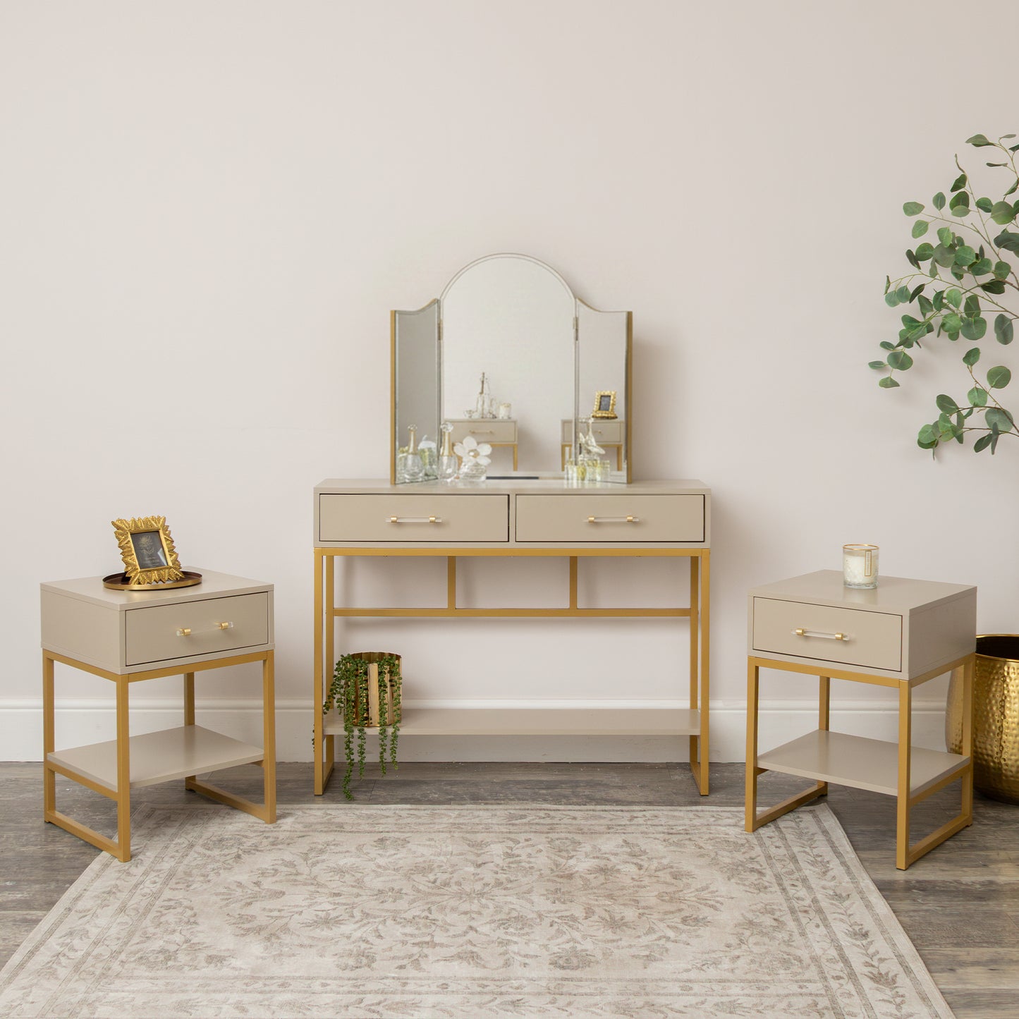Two Drawer Dressing Table & Pair of One Drawer Bedside Tables - Liana Taupe Range