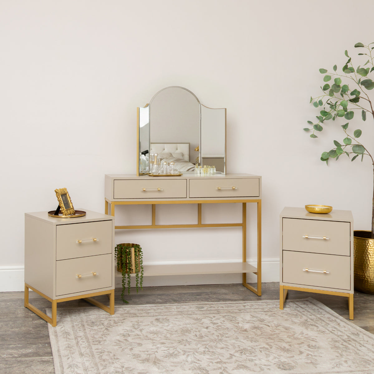 Two Drawer Dressing Table Set & Pair of Two Drawer Bedside Tables - Liana Taupe Range