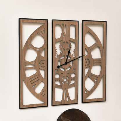 Large Square 3 Part Wooden Skeleton Wall Clock