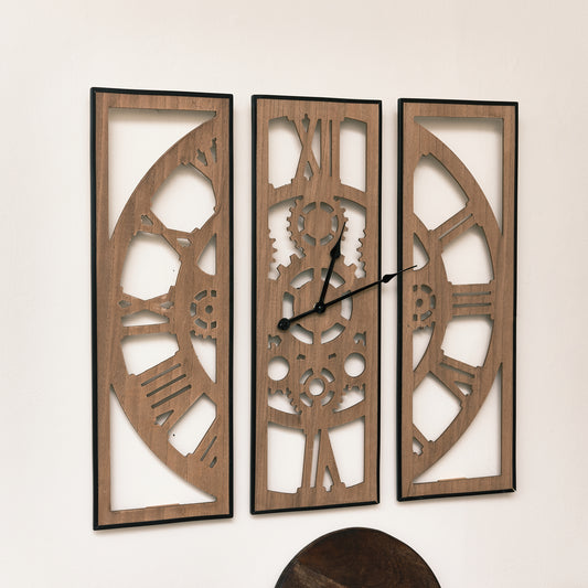  Large Square 3 Part Wooden Skeleton Wall Clock 