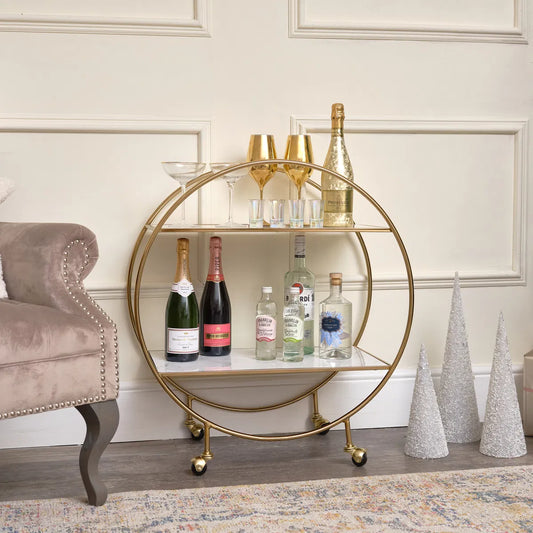  Gold & Marble Round Bar Cart 