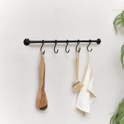 Black Industrial Wall Mounted Rail with 5 Storage Hooks