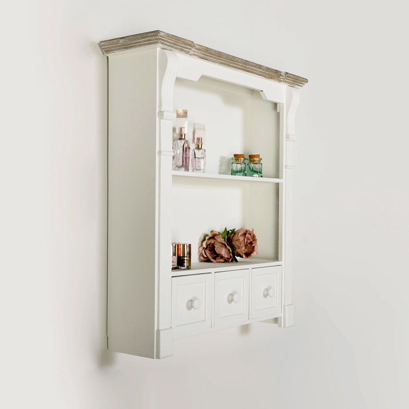 White Wooden Wall Shelf Unit with Drawers