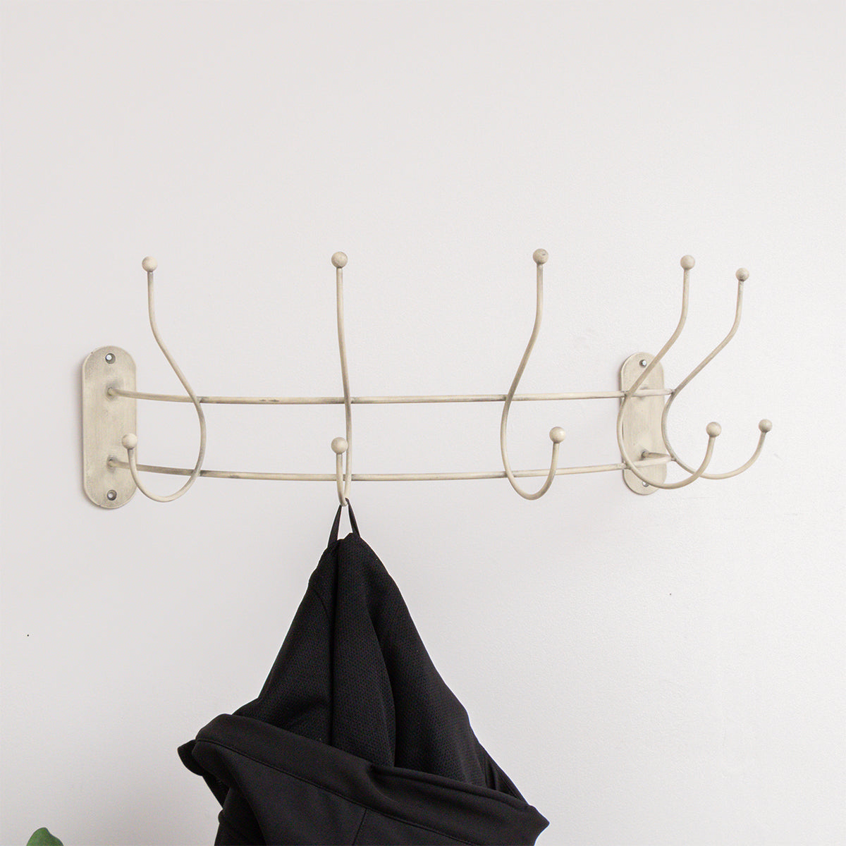 Antique Ivory Curved Coat Hanger Rail with 5 Storage Hooks - 60cm