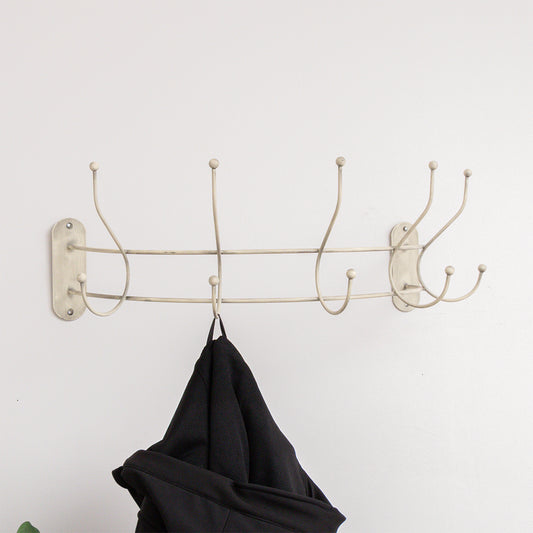 Antique Ivory Curved Coat Hanger Rail with 5 Storage Hooks - 60cm 
