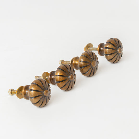 Set of 4 Antique Brass Round Pumpkin Drawer Knobs 