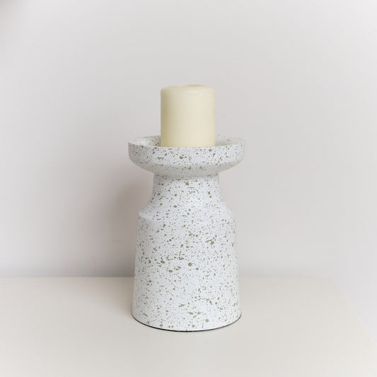  White Speckled Metal Round Pillar Candle Holder - 18cm 