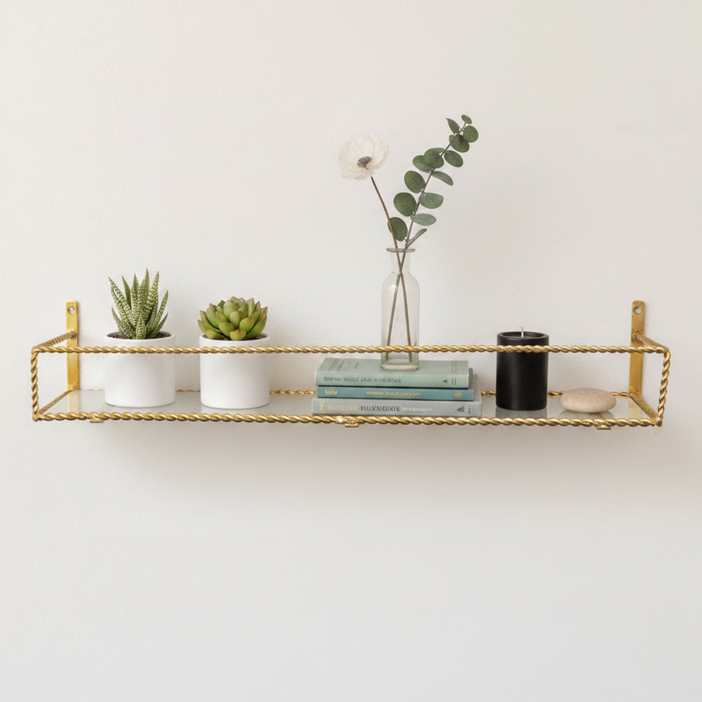 Large Gold Twisted Rope Design Wall Shelf with Frosted Glass Shelf