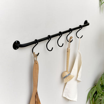 Black Industrial Wall Mounted Rail with 5 Storage Hooks