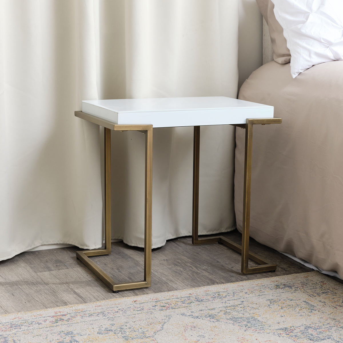 Rectangular Metal White and Gold Framed Side Table