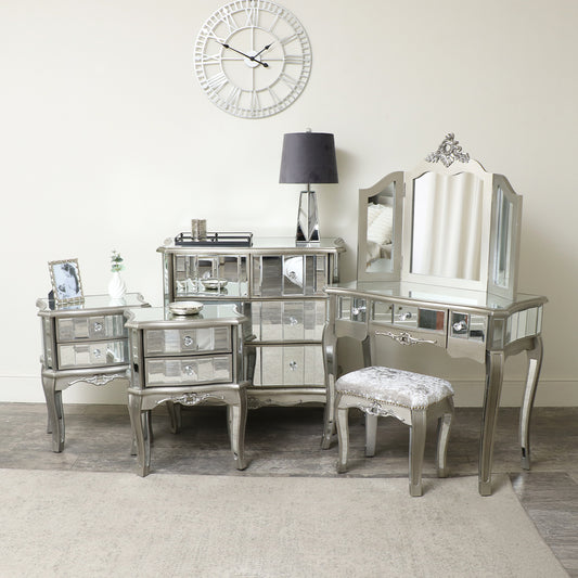  Silver Mirrored Bedroom Furniture, Chest of Drawers, Dressing Table Set & Bedside Tables - Tiffany Range 